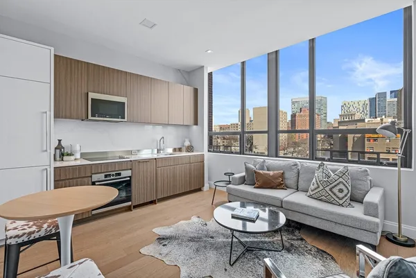 a living room with furniture and a kitchen
