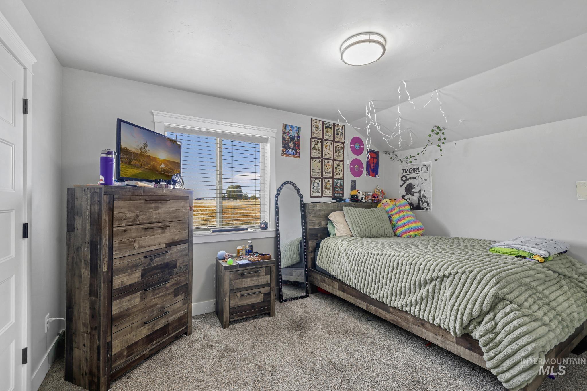 1150 Kimberly Meadows Road Kimberly, ID 83341 - Photo 20 of 32 Carpeted room featuring a white paneled door, a window with horizontal blinds, and a flush-mount ceiling light fixture