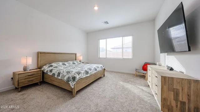 a bedroom with a bed and a flat screen tv