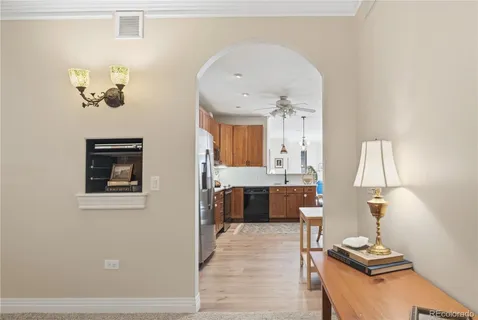 a view of dining room with wooden floor