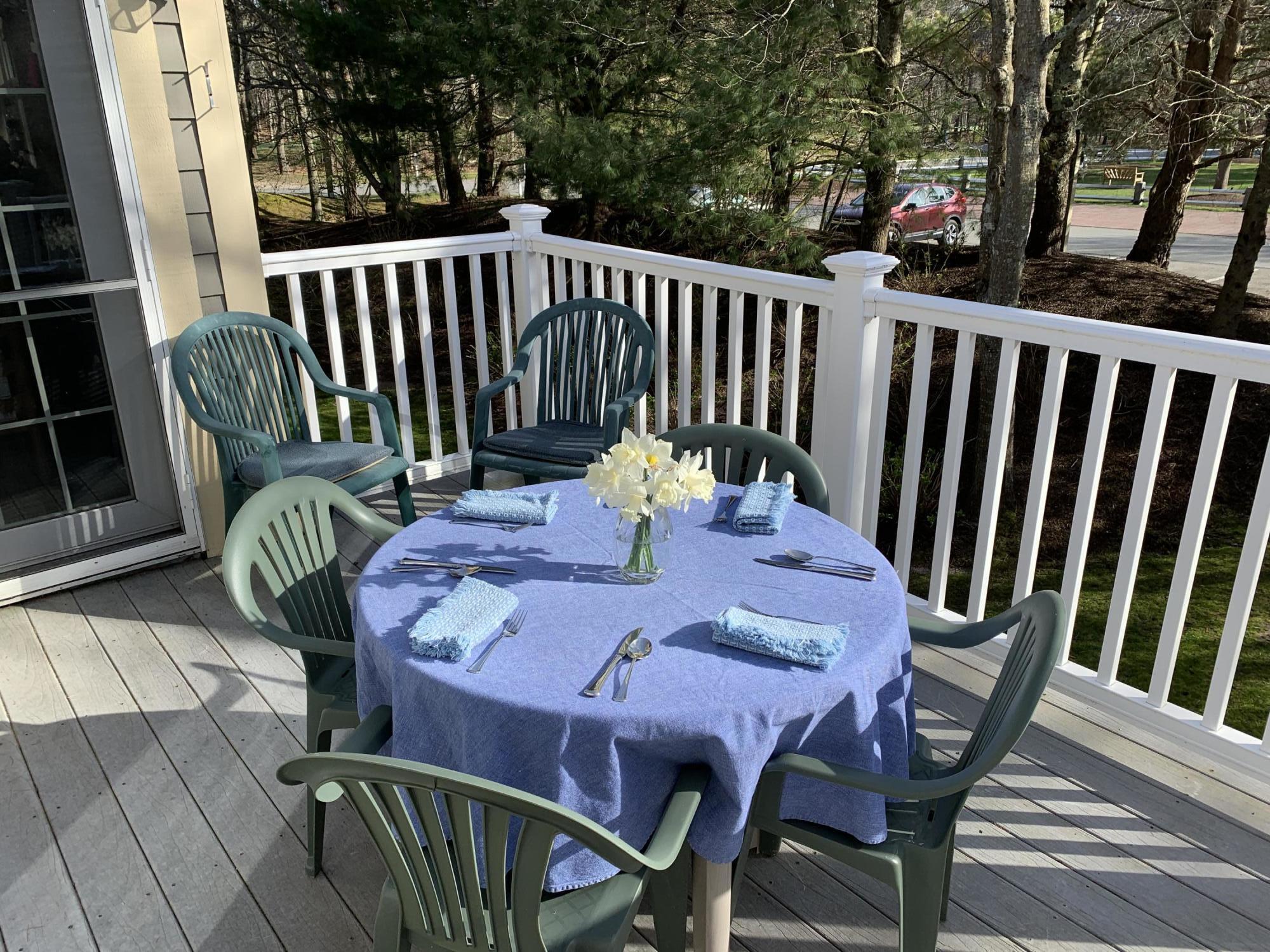 a view of a chairs and table in the patio