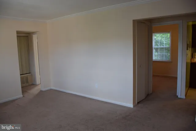 a view of a hallway with wooden shelves