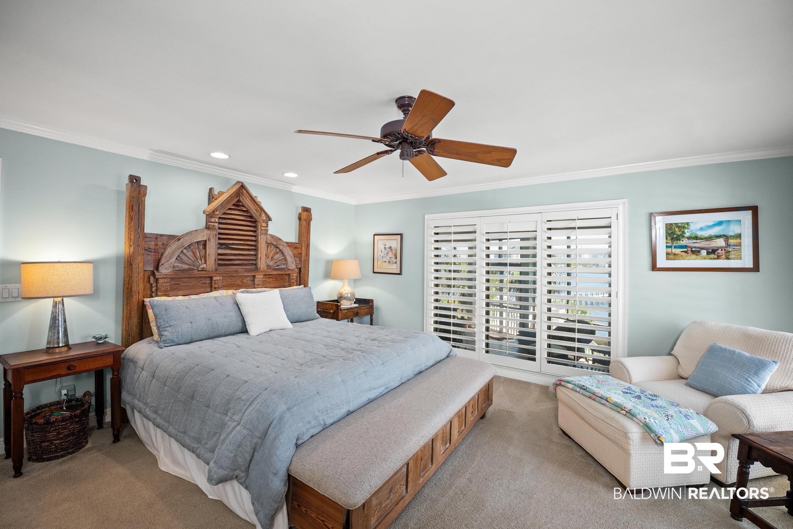 31304 River Road Orange Beach, AL 36561 - Photo 26 of 78 Carpeted bedroom with crown molding, access to exterior, recessed lighting, and a ceiling fan
