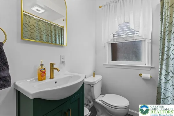 a bathroom with a sink a toilet and garden
