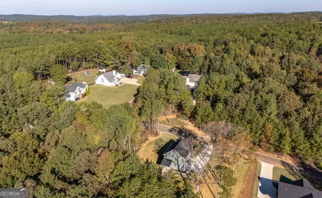 an aerial view of residential house with green space