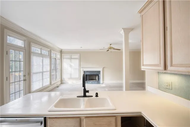 a kitchen with a sink and a window