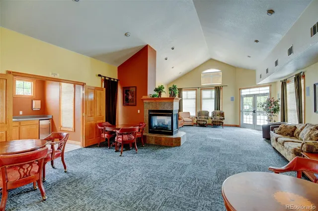 a living room with a sink and furniture