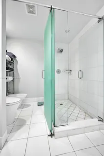 a bathroom with a shower and a toilet