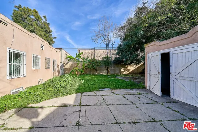 a view of a yard with plants and trees