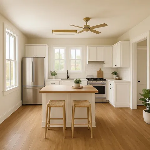 a kitchen with a refrigerator a sink dishwasher a stove and white cabinets with wooden floor