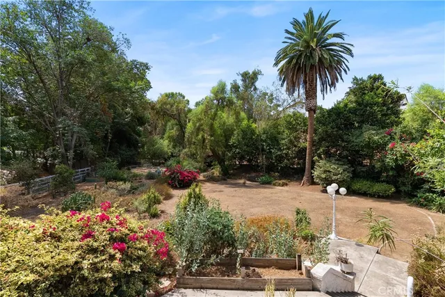 a view of a backyard with a fountain