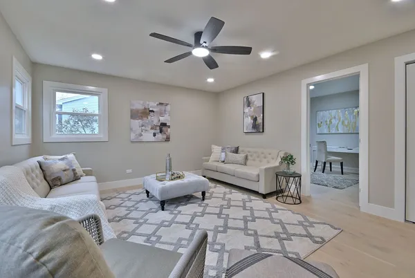 a workspace with furniture and window