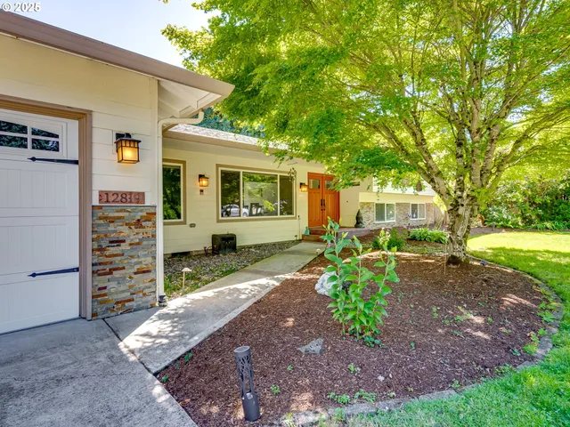 a view of a house with backyard and trees