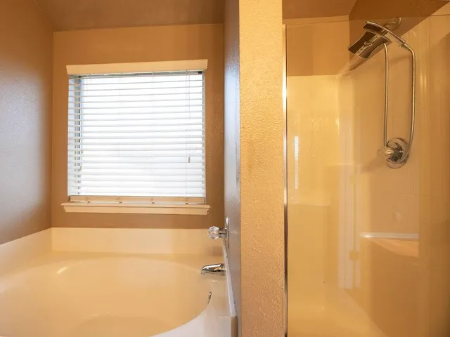 a bathroom with a shower and a tub
