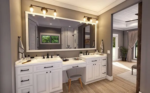 a bathroom with a double vanity sink mirror and