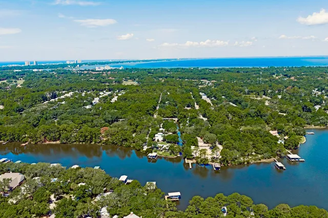 a view of a lake with a city