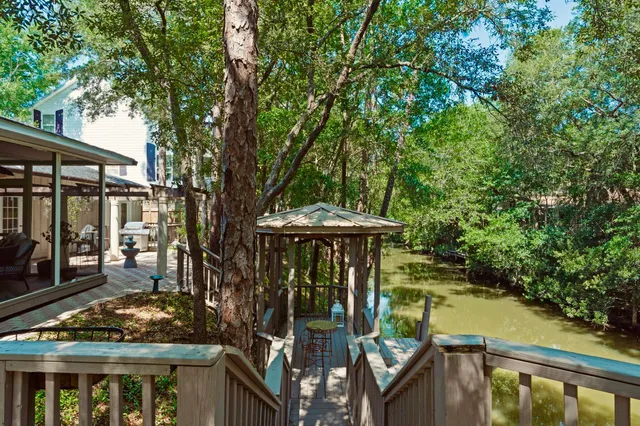 a view of a balcony with two plants and large trees