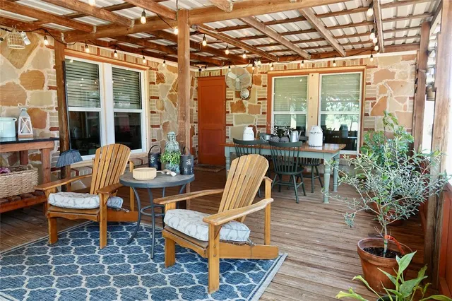 a building outdoor space with patio furniture