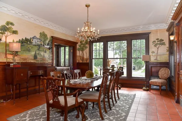 a view of a dining room with furniture window and outside view