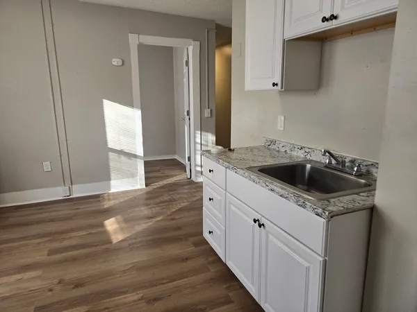 a kitchen that has a sink and a stove with wooden floor