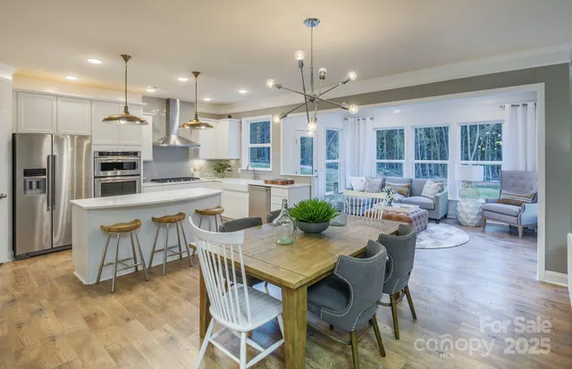 a view of a dining room with furniture window and outside view