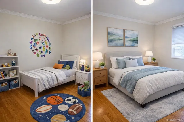 a bedroom with a bed and a painting on the wall