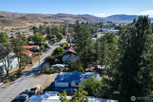 a view of a lush green field with mountains in the background