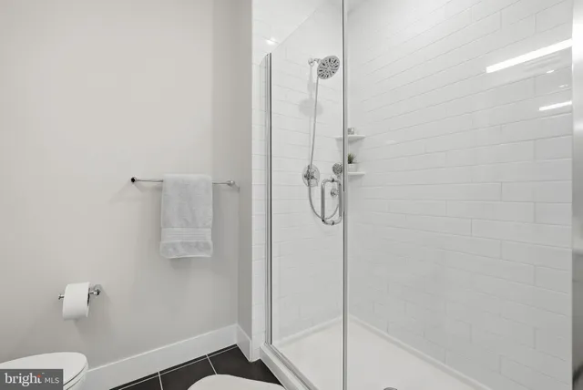 a bathroom with a shower and toilet
