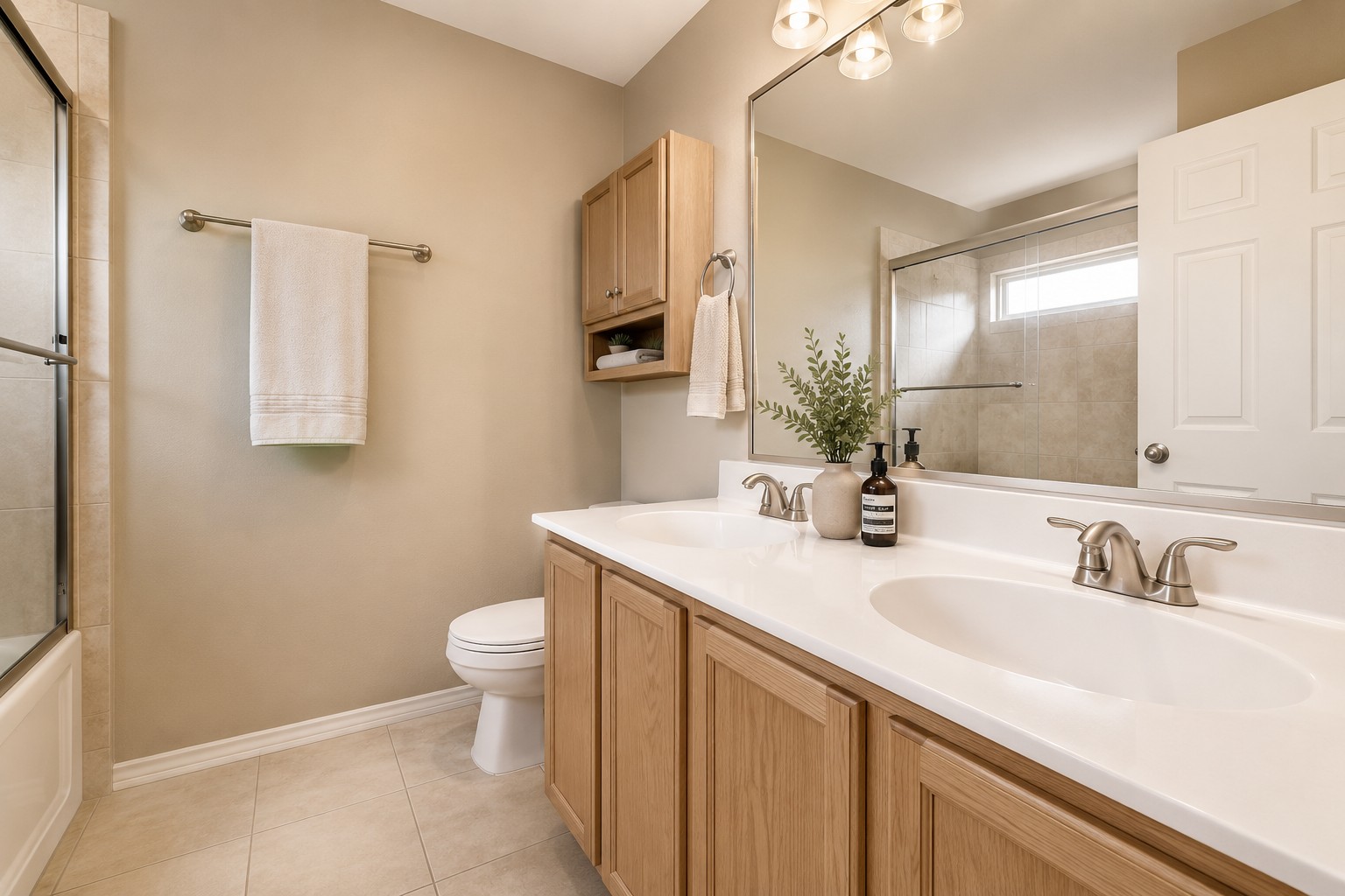 46 Verde Ranch Loop Leander, TX 78641 - Photo 14 of 19 Dual vanity with bright lighting provides ample space in this well-appointed bathroom.