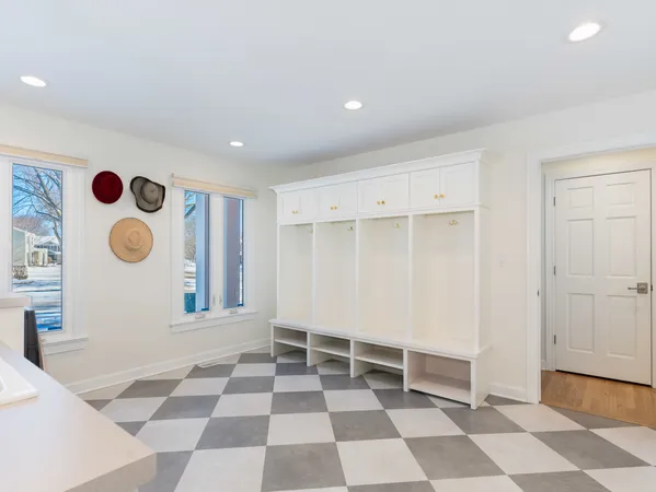 a view of a livingroom with a black and white checkered floor