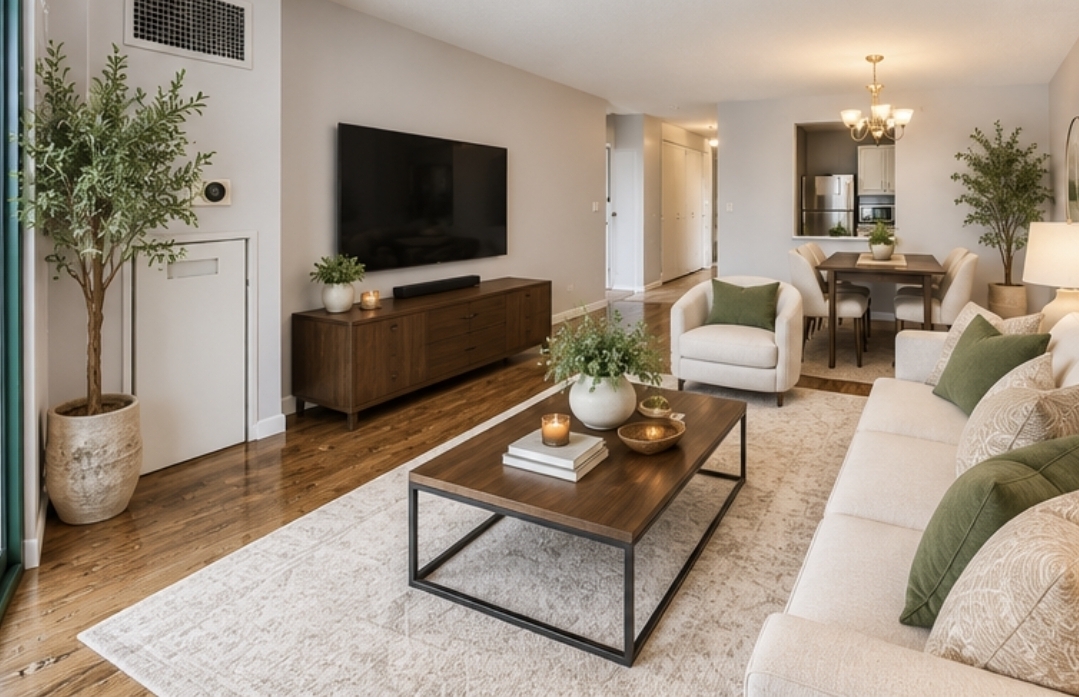 111 West Maple Street, Unit 1503 Chicago, IL 60610 - Photo 11 of 39 a living room with furniture and a flat screen tv