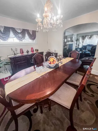 a view of a dining room with furniture