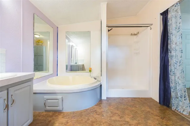 a bathroom with a tub a sink and a mirror