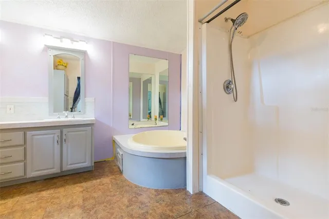 a bathroom with a tub sink and mirror