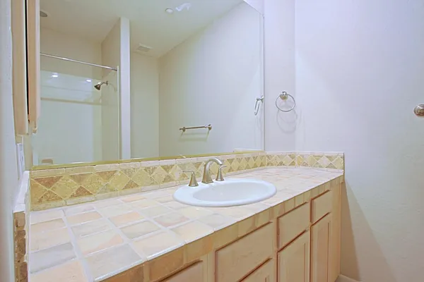 a bathroom with a sink and a mirror