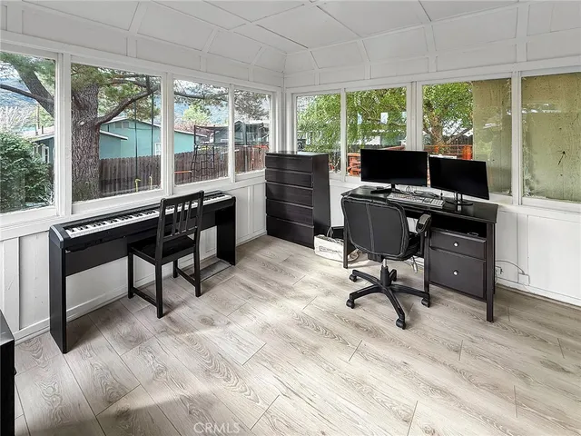 an outdoor space with furniture for seating