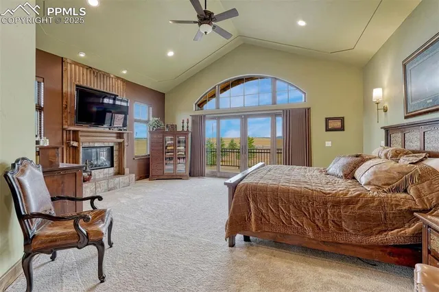 a bedroom with a bed a fireplace and a television