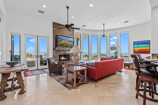 a living room with furniture a fireplace and a potted plant