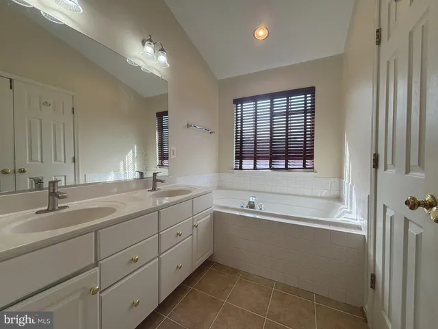 a bathroom with a tub sink and mirror