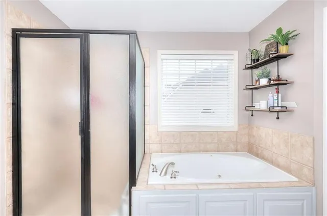 a bathroom with a bathtub and a shower