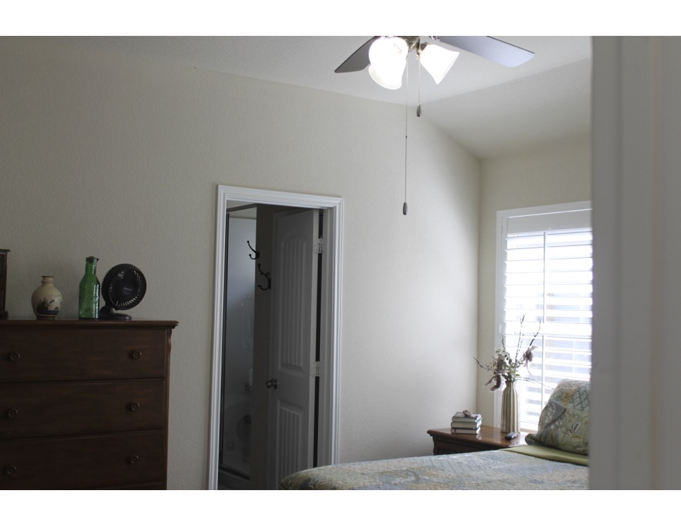 188 Beth Ann Loop Taylor, TX 76574 - Photo 6 of 12 Well-lit sleeping quarters with a ceiling fan, window treatments, and an ensuite bathroom access.