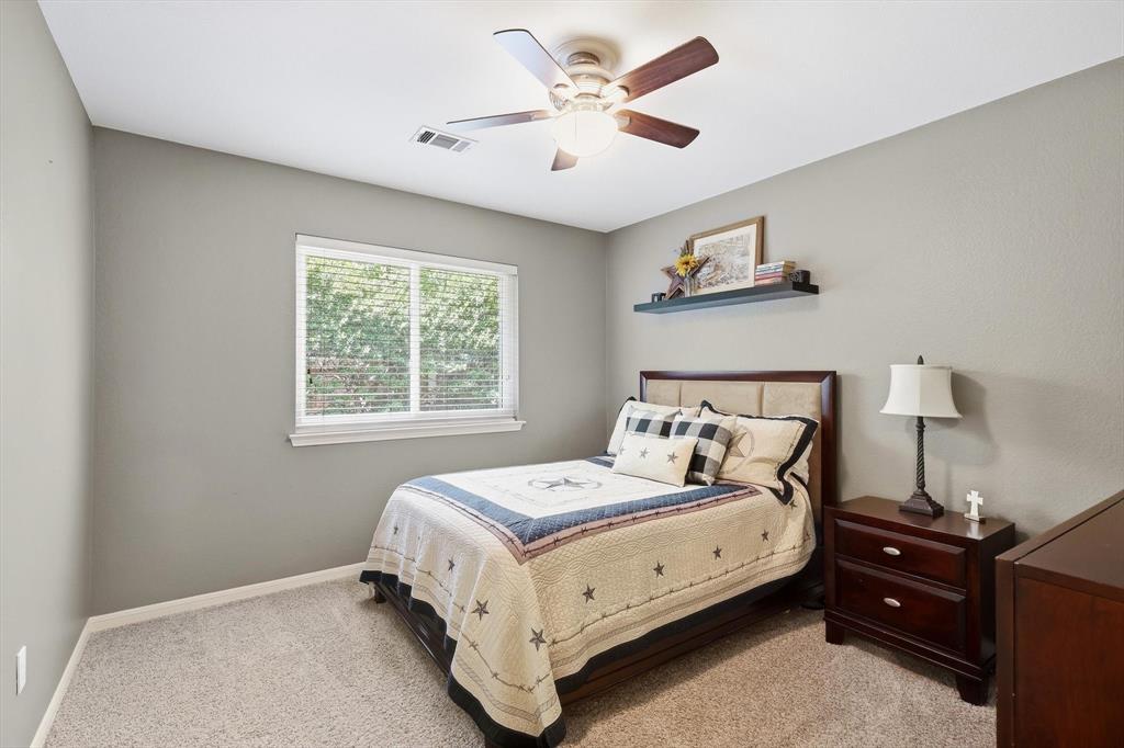 524 Post Oak Road Grapevine, TX 76051 - Photo 29 of 37 Recessed lighting, ceiling fan with light fixture, window with blinds, plush carpet flooring, and a floating wall shelf