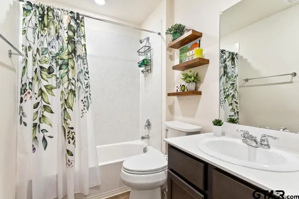 a bathroom with a sink a toilet and shower curtain