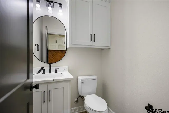 a bathroom with a toilet a sink and mirror