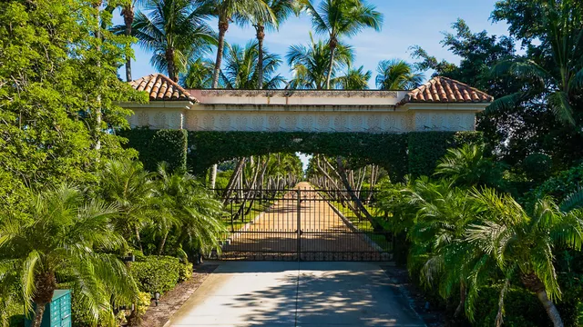 a swimming pool with lots of green space and trees