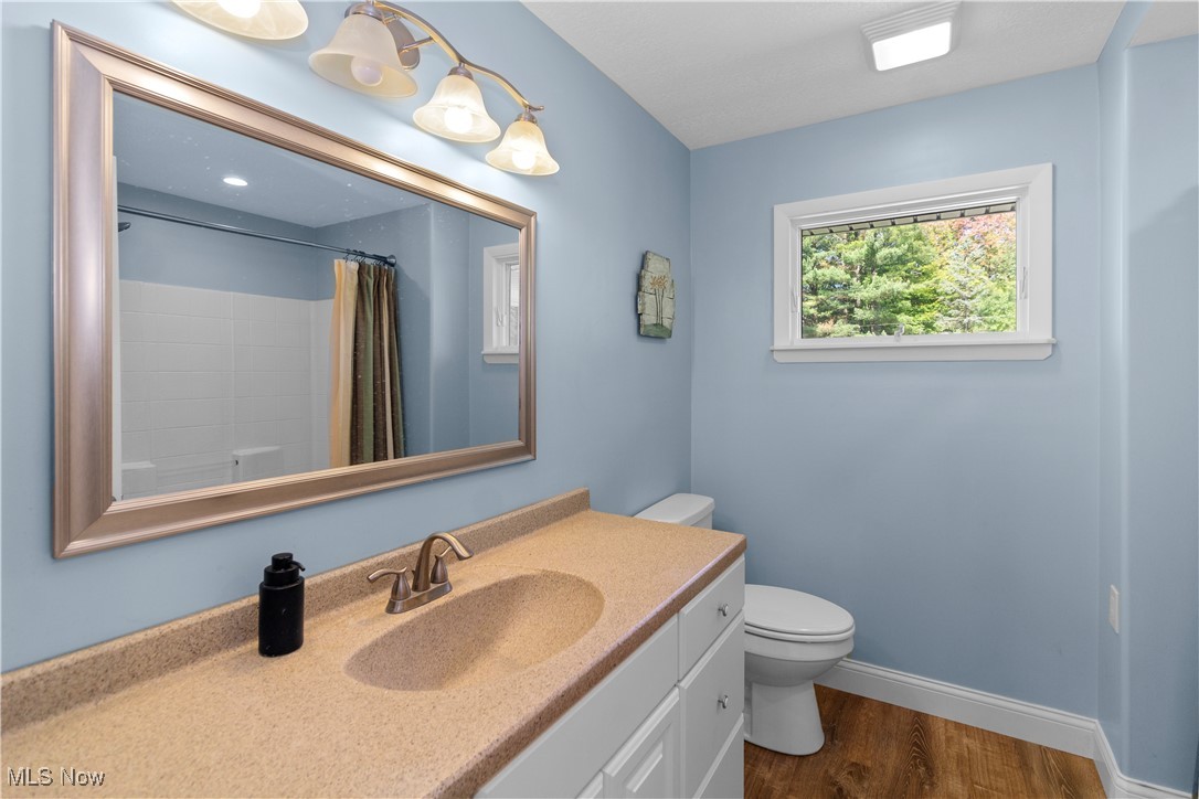 4694 Heather Hills Road Akron, OH 44333 - Photo 15 of 32 Bathroom featuring wood-type flooring, a shower with curtain, vanity, and toilet