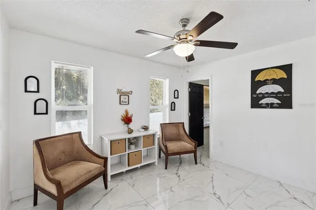 a living room with furniture and a ceiling fan