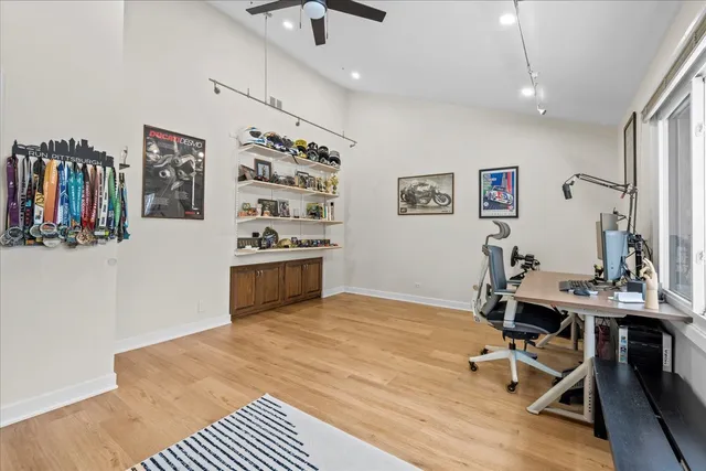 a workspace with furniture and window