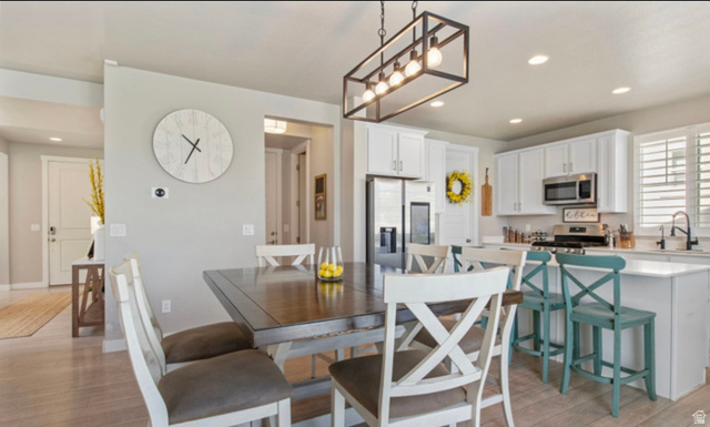 1295 East Granite Peak Road Eagle Mountain, UT 84005 - Photo 14 of 35 Open-concept kitchen and dining area featuring light wood-finish flooring, white cabinetry, stainless steel appliances, and a central island with a sink