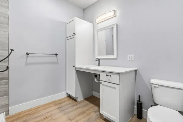 a bathroom with a sink toilet vanity and mirror